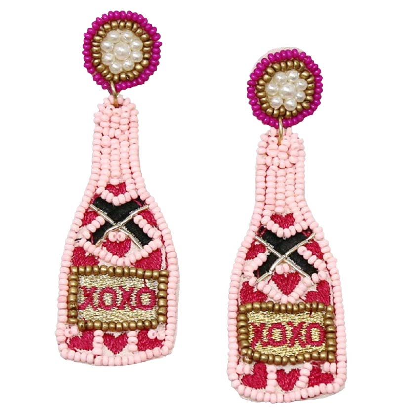 White Valentine's XOXO Heart Bottle Seed Bead Earrings, these bottle earrings feature a cool, decidedly chic, and always fun, the beaded earrings combine a feminine heart and bottle silhouette with a palette crafted entirely of seed beads, fun handcrafted jewelry that fits your lifestyle, adding a pop of pretty color.