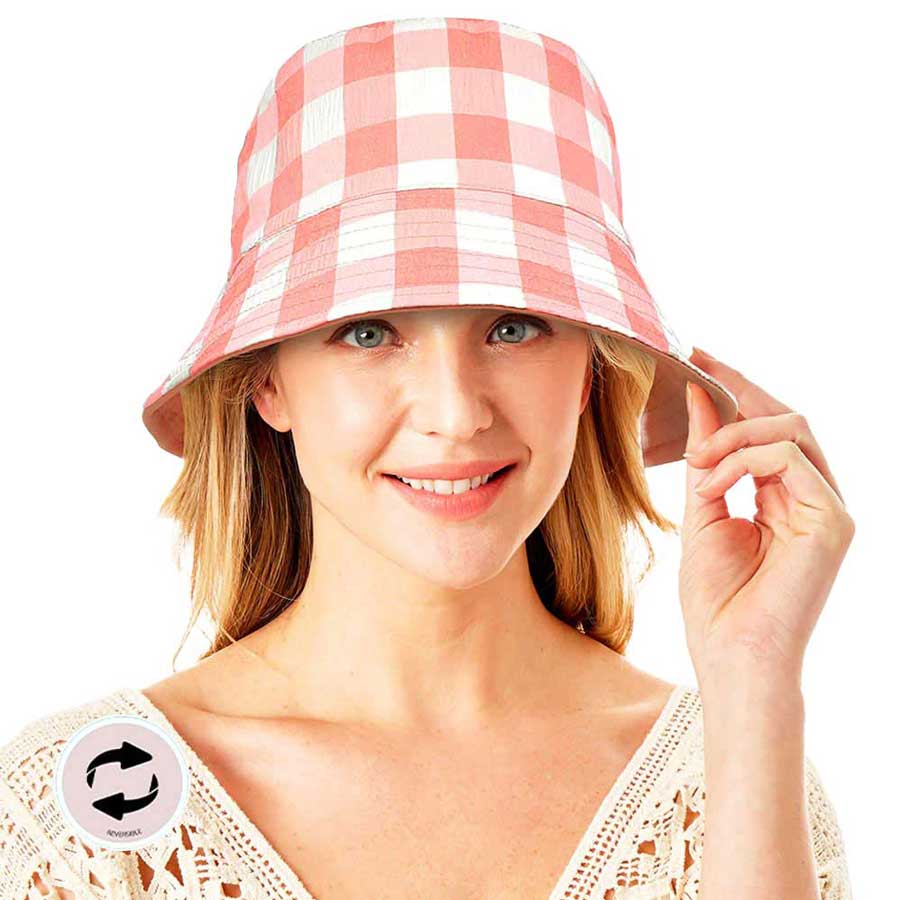 Pink Wired Brim Plaid Check Patterned Reversible Bucket Hat, show your trendy side with this Plaid Check Patterned bucket hat. Have fun and look Stylish. You can easily fold this bucket hat and put it in any backpack. Perfect for that bad hair day, or simply casual everyday wear; Great gift for that fashionable on-trend friend. Perfect Gift Birthday, Holiday, Christmas.