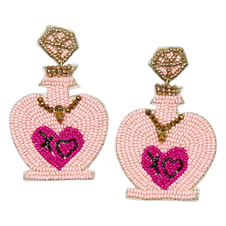 Pink XO Perfume Bottle Seed Bead Earrings, These perfume bottle earrings feature a cool, decidedly chic, and always fun. the beaded earrings combine a heart-themed & perfume bottle silhouette with a palette crafted entirely of seed beads. A fun handcrafted piece of jewelry that fits your lifestyle adding a pop of pretty color. It is so fun to wear these lightweight cute earrings for every day of Valentine's week. 