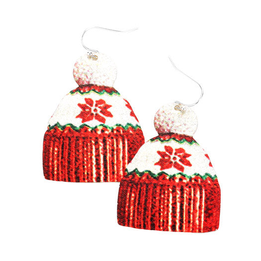 Pom Pom Beanie Hat Print Metal Earrings Pom Pom Hat Earrings Christmas Earrings perfect for the festive season, embrace into the Christmas spirit with these holiday earrings, add cheer to your ears, they are bound to cause a smile or two Perfect Gift December Birthday, Christmas, Stocking Stuffer, Secret Santa, BFF  