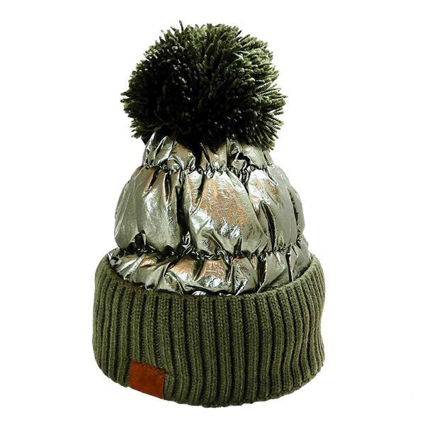 Green Puffer Knit Pom Pom Glossy Winter Cozy Beanie Hat. Before running out the door into the cool air, you’ll want to reach for this toasty beanie to keep you incredibly warm. Accessorize the fun way with this puffer knit hat, it's the autumnal touch you need to finish your outfit in style. Awesome winter gift accessory!
