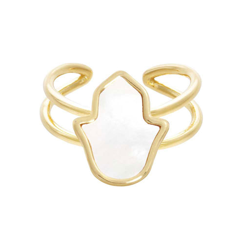Pure Gold Dipped Mother of Pearl Hamsa Hand Ring - Gold