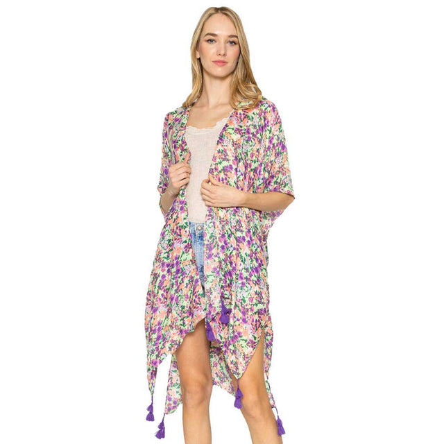 Purple Flower Patterned Cover Up Kimono Poncho. Lightweight and soft brushed fabric exterior fabric that make you feel more comfortable. Great for dating, hanging out, daily wear, vacation, travel, shopping, holiday attire, office, work, outwear, fall, spring or early winter. Perfect Gift for Wife, Mom, Birthday, Holiday, Anniversary, Fun Night Out.