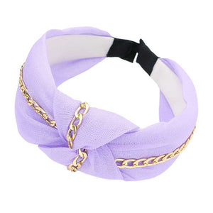 Purple Chain Trim Knot Headband, Take your outfit to the next level in this gorgeous gold color chain knot headband! This headband is an easy way to dress up your outfit. It's just so chic! Be the ultimate trendsetter wearing this chic headband with all your stylish outfits! Very beautiful accessory for ladies, For occasions: parties, birthdays, weddings, festivals, dances, celebrations, ceremonies, gift and other daily activities.
