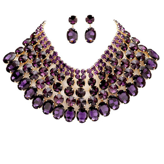 Purple Crystal Glass Bib Statement Necklace, designed to accent the neckline, oversized crystals dangle earrings, which are a perfect way to add sparkle to everything, showing off your elegance. Wear together or separate according to your event, versatile enough for wearing straight through the week, perfectly lightweight for all-day wear, coordinate with any ensemble from business casual to everyday wear, the perfect addition to every outfit. Adds a touch of beautiful inspired beauty to your look.