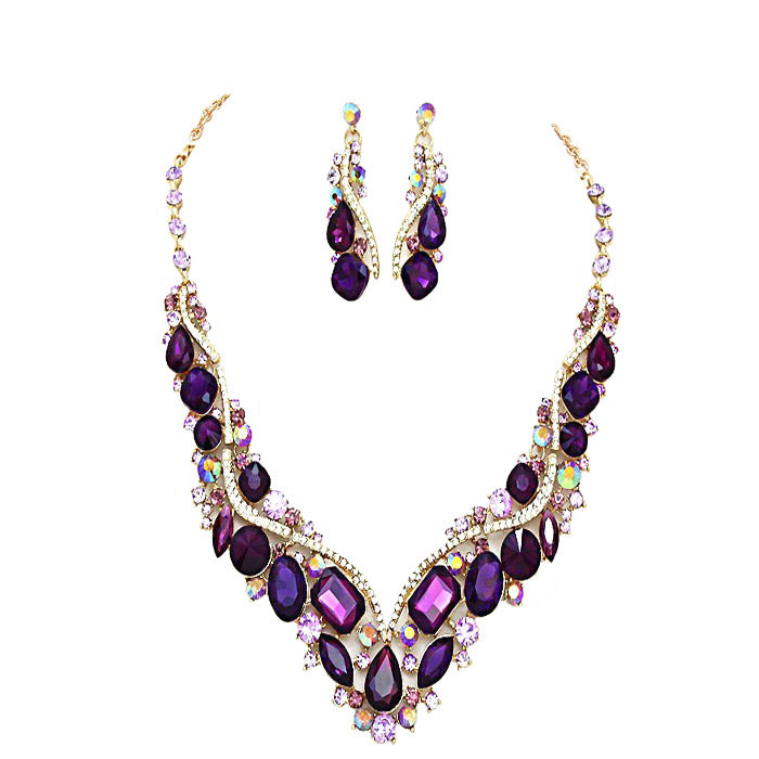 Purple Crystal Inset Necklace matching Earrings Evening Set, dare to dazzle with this bejeweled set designed to accent the neckline and enhance the eyes. Perfect for that LBD, add some glitz and Glamour. Ideal gift for a loved one or yourself. Perfect for a night out, holiday party, special event, wedding, prom, sweet 16