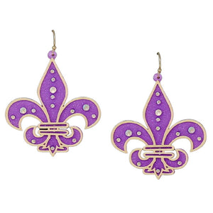 Purple Fleur De Lis Acrylic Earrings, These earrings add a gorgeous glow to your Mardi Gras outfit. These Fleur De Lis acrylic earrings rock every party you attend. Enhance your attire with these vibrant artisanal earrings to show off your fun trendsetting style. Put on a pop of color to complete your ensemble with these Fleur De Lis acrylic earrings.
