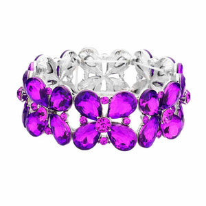 Purple Floral Teardrop Glass Crystal Stretch Evening Bracelet, this Crystal Stretch Bracelet sparkles all around with it's surrounding round stones, stylish stretch bracelet that is easy to put on, take off and comfortable to wear. It looks so pretty, brightly, and elegant on any special occasion. Jewelry offers a wide variety of exquisite jewelry for your Party, Prom, Pageant, Wedding, Sweet Sixteen, and other Special Occasions! Stay gorgeous wearing this stunning floral design stretch bracelet.