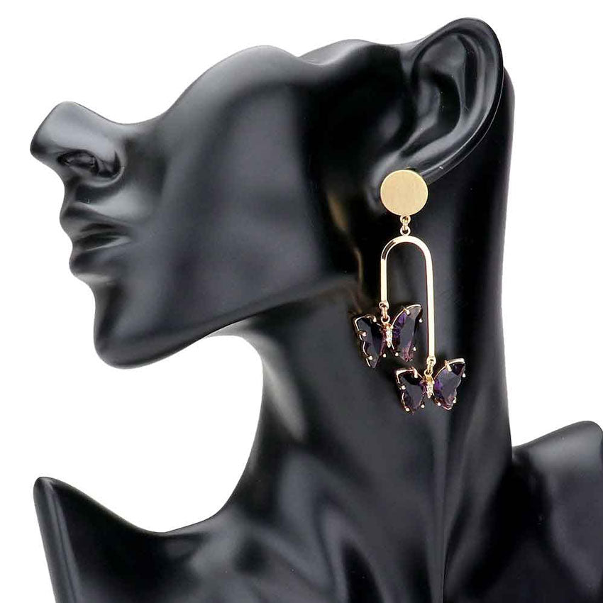 Purple Geometric Metal Double Lucite Butterfly Dangle Earrings, will take your look up a notch, versatile enough for wearing straight through the week, perfectly lightweight for all-day wear, coordinate with any ensemble from business casual to everyday wear, the perfect addition to every outfit. Adds a touch of nature-inspired butterfly themed  beauty to your look.Gift someone or yourself these ultra-chic earrings,