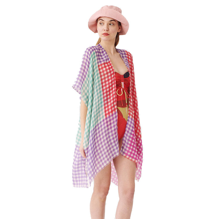 Purple Beach, Poolside chic made easy with this lightweight Gingham Check Cover Up featuring relaxed silhouette, great over your swimsuit or wear over your favorite blouse & slacks, Perfect Birthday Gift, Anniversary Gift, Mother's Day Gift, Lightweight Cover-up, Fun Beachwear, Gingham Check Kimono, Gingham Check Beachwear
