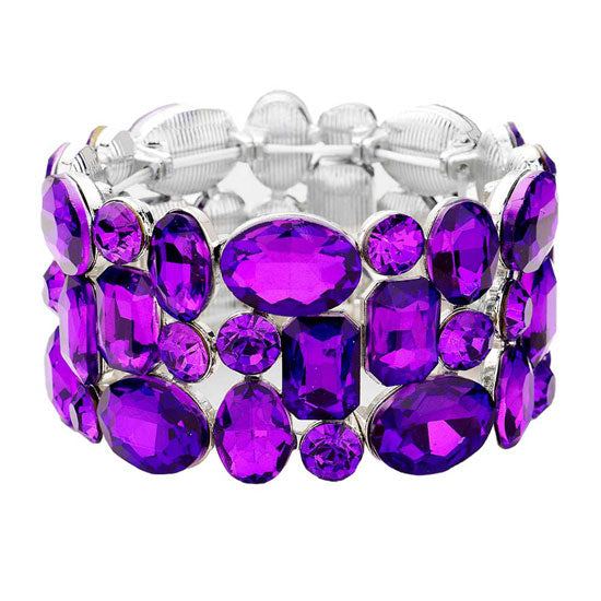 Purple Glass Crystal Stretch Evening Bracelet. This Evening Bracelet sparkles all around with it's surrounding round stones, stylish evening bracelet that is easy to put on, take off and comfortable to wear. It looks stylish and is just the right touch to set off your dress. Suitable for Night Out, Party, Formal, Special Occasion, Date Night, Prom.