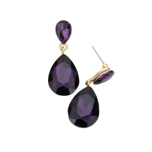 Women's Glass Crystal Teardrop Dangle Earrings - Purple