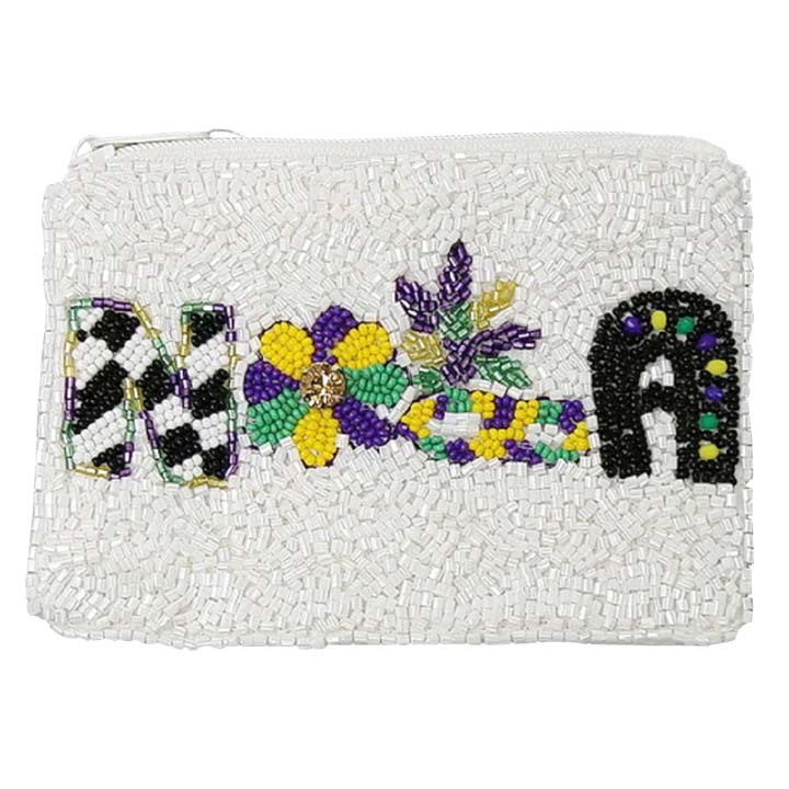 Purple Multi Mardi Gras Nola Seed Beaded Coin Purse, This coin purse can match your carnival costume or dress and make you immersed in mardi gras giving off a strong festive atmosphere! Great to carry small handy things or drop them in your bag. Perfect for carrying makeup, money, credit cards, keys or coins, & small handy things. This seed-beaded Nola message coin purse features a top zipper closure for security.