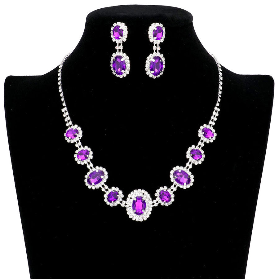 Purple Oval Stone Accented Rhinestone Trimmed Necklace, These gorgeous Rhinestone pieces will show your class in any special occasion. Designed to accent the neckline, a fashion faithful, adds a gorgeous stylish glow to any outfit style, jewelry that fits your lifestyle! Suitable for wear Party, Wedding, Date Night or any special events. Perfect gift for Birthday, Anniversary, Valentine’s Day gift or any special occasion.
