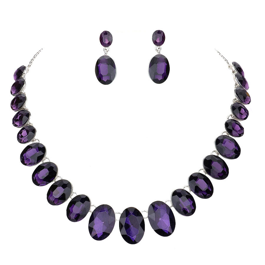 Purple Oval Stone Link Evening Necklace. Wear together or separate according to your event, versatile enough for wearing straight through the week, perfectly lightweight for all-day wear, coordinate with any ensemble from business casual to everyday wear, the perfect addition to every outfit.