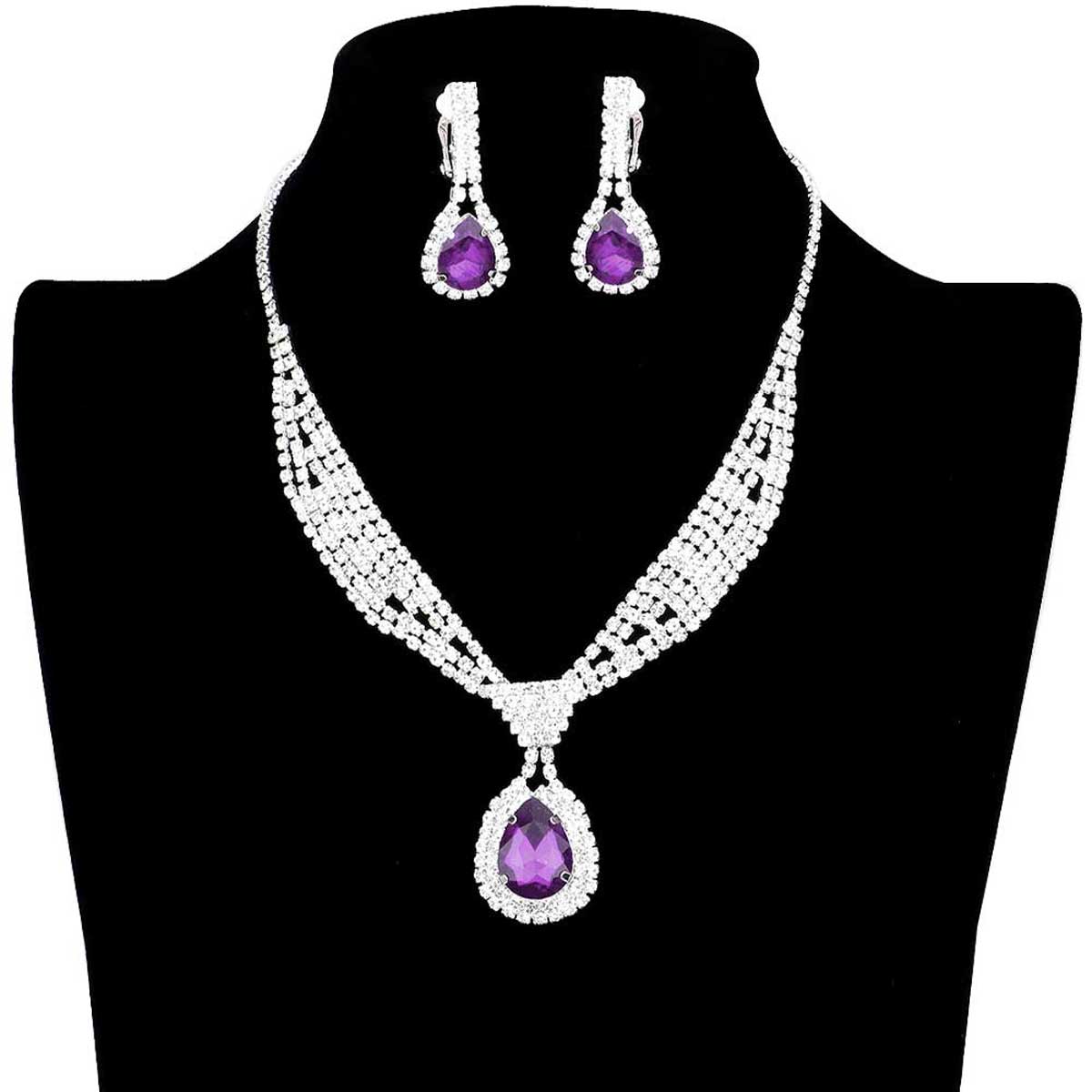 Purple Rhinestone Pave Teardrop Collar Necklace & Clip Earring Set, stunning jewelry set will sparkle all night long making you shine out like a diamond. perfect for a night out on the town or a black tie party, Perfect Gift, Birthday, Anniversary, Prom, Mother's Day Gift, Sweet 16, Wedding, Quinceanera, Bridesmaid.