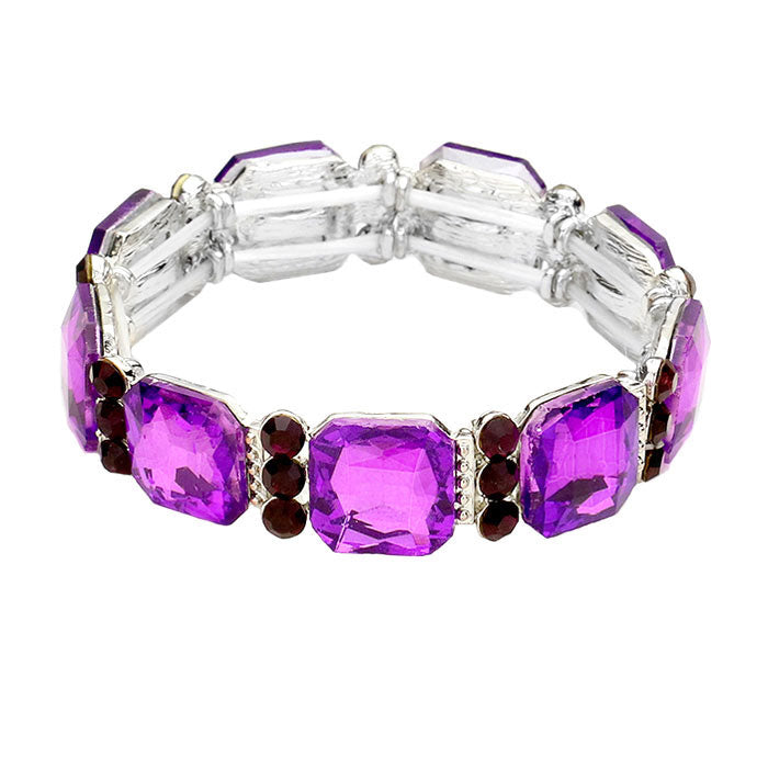 Purple Rhodium Sparkling Emerald Cut Glass Crystal Stretch Bracelet Crystal Bracelet , Glitzy glass crystals, stylish stretch bracelet that is easy to put on, take off and comfortable to wear. The perfect match for your LBD, multiple colors to match your wardrobe, Accent your work or casual attire with this  dazzling bracelet. 