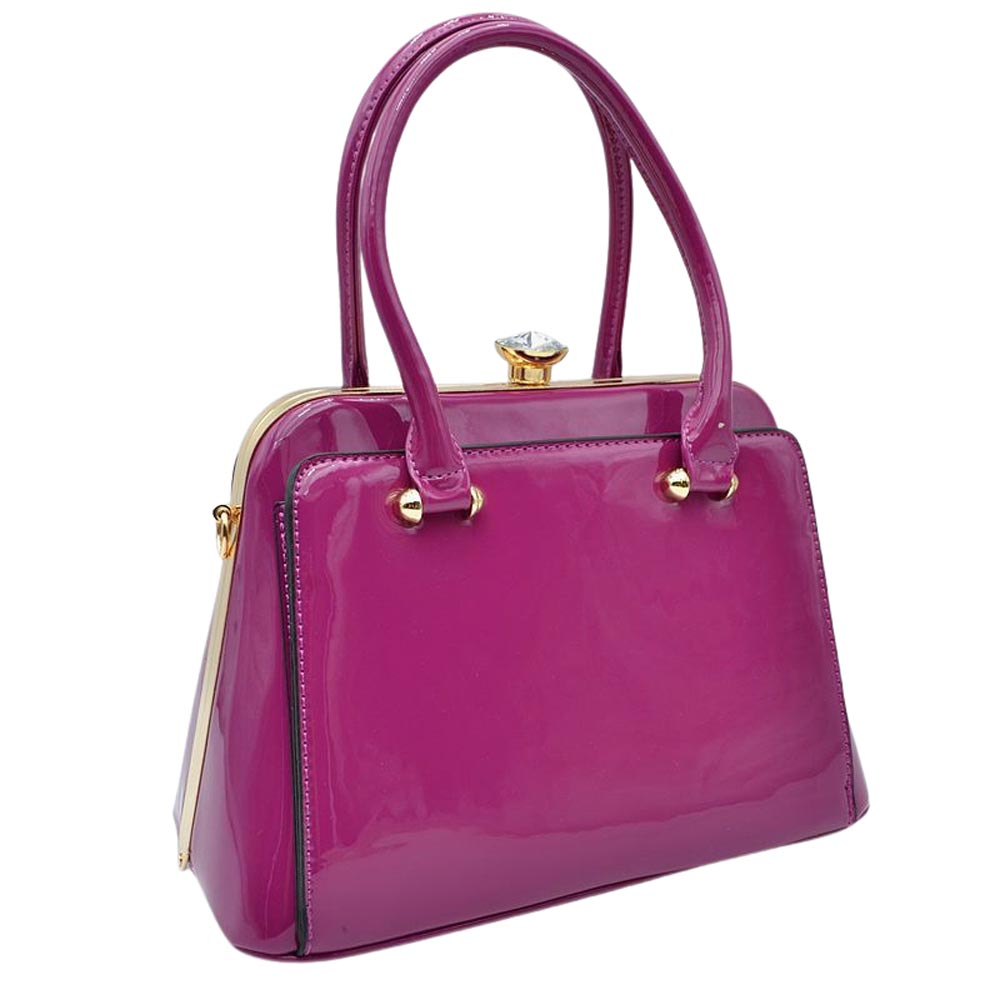 Purple Shiny Patent Leather Gold Hardware Shoulder Bags for Women, These trendy Shoulder Bags feature a vegan patent leather material with Gold metal hardware. Its unique shape and stunning jeweled clasp will bring in compliments. It comes with a removable long shoulder strap for casual shoulder or cross-body wear. This fun, yet sophisticated handbag will definitely draw attention.
