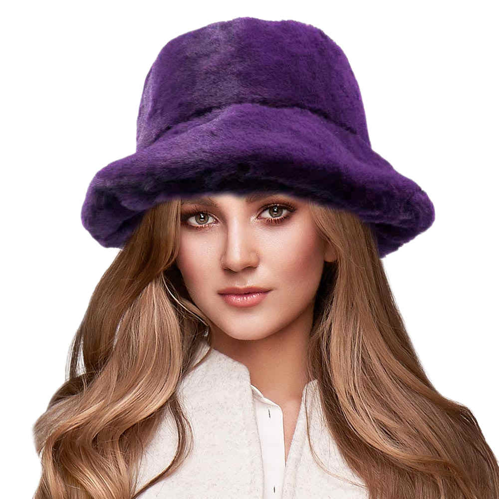 Purple Soft Faux Fur Bucket Hat, stay warm and cozy, protect yourself from the cold, this most recognizable look with remarkable bold, soft & chic bucket hat, features a rounded design with a short brim. The hat is foldable, great for daytime. Perfect Gift for cold weather; Black, Brown, Burgundy; 100% Acrylic;