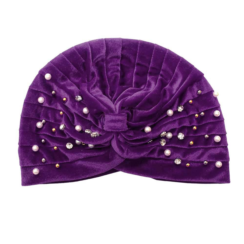 Purple Stone Pearl Detailed Pleated Turban Beanie Hat, is perfectly cozy and trendy that beautifully made with abstract patterns, and meets your chosen goal to keep you stand out. It keeps you warm and toasty while running out the door in the cool air saving you from chill and dust. It perfectly fits your head. A beautiful winter gift accessory for Birthdays, Christmas, Stocking stuffers, Secret Santa, holidays, anniversaries, Valentine's Day, etc. Stay toasty with perfect warmth!