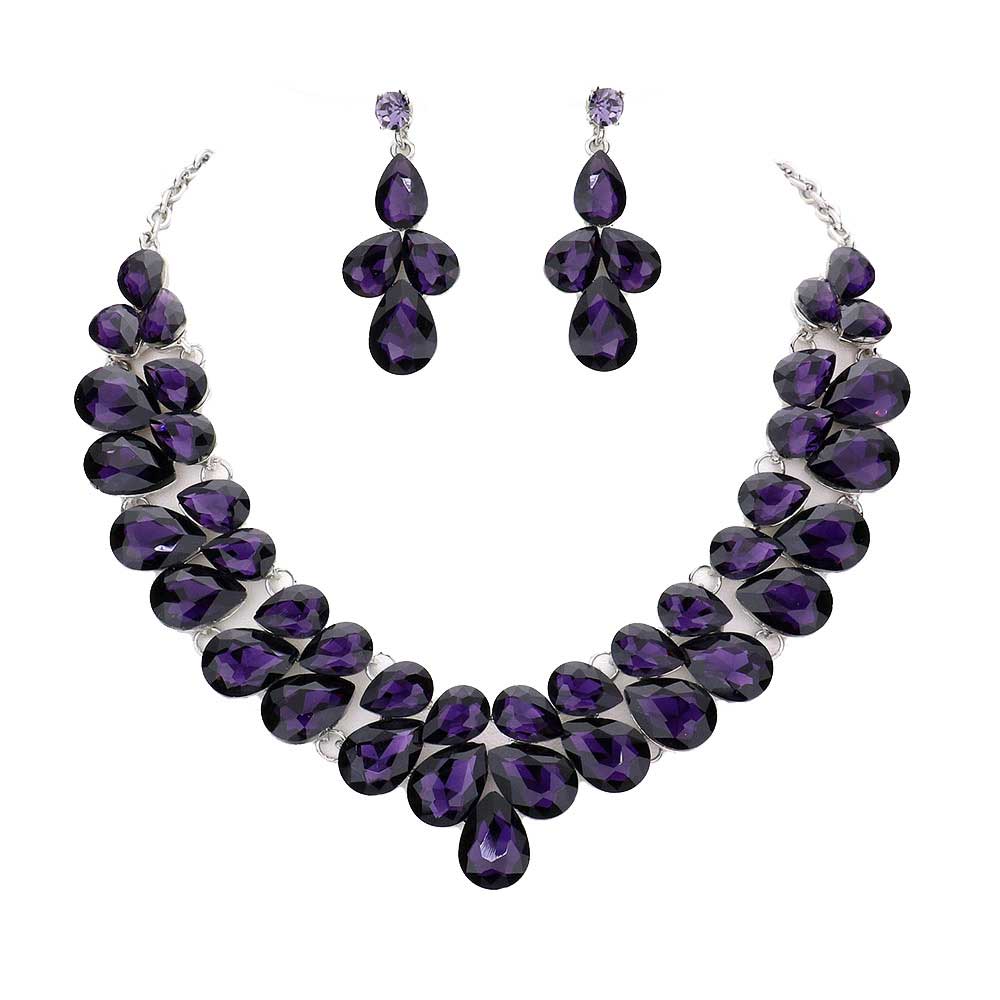 Purple Teardrop Stone Cluster Evening Necklace, These gorgeous Stone pieces will show your class in any special occasion. The elegance of these Stone goes unmatched, great for wearing at a party! stunning jewelry set will sparkle all night long making you shine out like a diamond. perfect for a night out or a black tie party. Awesome gift for  Birthday, Anniversary, Prom, Mother's Day Gift, Sweet 16, Wedding, Bridesmaid.