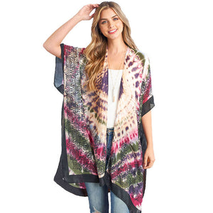 Purple Tie Dye Boho Printed Cover Up Kimono Poncho, The lightweight poncho top is made of soft and breathable Polyester material. short sleeve swimsuit cover up with open front design, simple basic style, easy to put on and down. Perfect Gift for Wife, Mom, Birthday, Holiday, Anniversary, Fun Night Ou