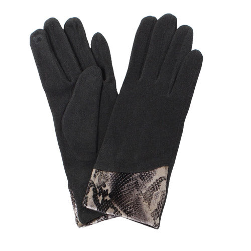 Gray Python Cuff Smart Gloves Gray Snake Cuff Gloves Snake Patch Accent Gloves, Cozy, warm reptile patch accent print, chic, trendy style, gives that little extra to your outfit, stretch four ways for comfort; Tech-friendly at the index fingertips, Ideal for staying on the go, swipe away! Perfect Gift Birthday, Christmas, Holiday