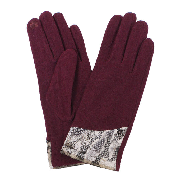 Burgundy Python Cuff Smart Gloves Burgundy Snake Cuff Gloves Snake Patch Accent Gloves, Cozy, warm reptile patch accent print, chic, trendy style, gives that little extra to your outfit, stretch four ways for comfort; Tech-friendly at the index fingertips, Ideal for staying on the go, swipe away! Perfect Gift Birthday, Christmas, Holiday