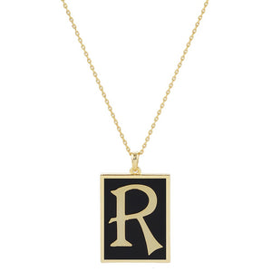 Gold Dipped Enamel Rectangle Monogram Pendant Necklace