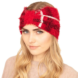 Red Plaid Check Patterned Earmuff Headband. Ear warmer will shield your ears from cold winter weather ensuring all day comfort. Ear band is soft, comfortable and warm adding a touch of sleek style to your look, show off your trendsetting style when you wear this ear warmer and be protected in the cold winter winds.
