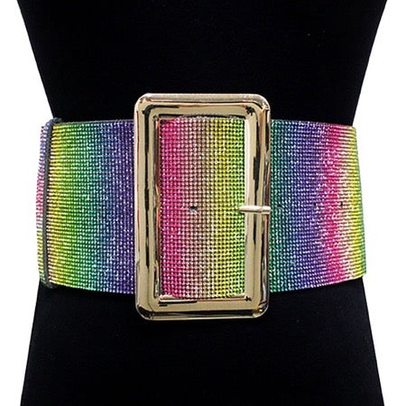 Rainbow Rhinestone Pave Embellished Crystal Accented Rectangle Buckle Belt, luminous crystals adds a luxurious shine to this eye-catching rhinestone belt, dare to dazzle with this radiant accessory, coordinates with any ensemble, ideal for Bride, Wedding, Prom, Sweet 16, Quinceanera, Graduation, Party, Cocktail. Perfect Gift.