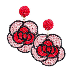 Red Felt Back Beaded Flower Dangle Earrings. Gift someone or yourself these ultra-chic earrings, they will take your look up a notch, versatile enough for wearing straight through the week, perfectly lightweight for all-day wear, coordinate with any ensemble from business casual to everyday wear, the perfect addition to every outfit. Adds a touch of nature-inspired beauty to your look.