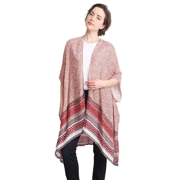 Red Flower Patterned Cover Up Kimono Poncho, the perfect accessory, luxurious, trendy, super soft chic capelet, keeps you warm and toasty. You can throw it on over so many pieces elevating any casual outfit! Perfect Gift for Wife, Mom, Birthday, Holiday, Christmas, Anniversary, Fun Night Out.