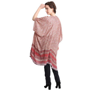 Red Flower Patterned Cover Up Kimono Poncho, the perfect accessory, luxurious, trendy, super soft chic capelet, keeps you warm and toasty. You can throw it on over so many pieces elevating any casual outfit! Perfect Gift for Wife, Mom, Birthday, Holiday, Christmas, Anniversary, Fun Night Out.