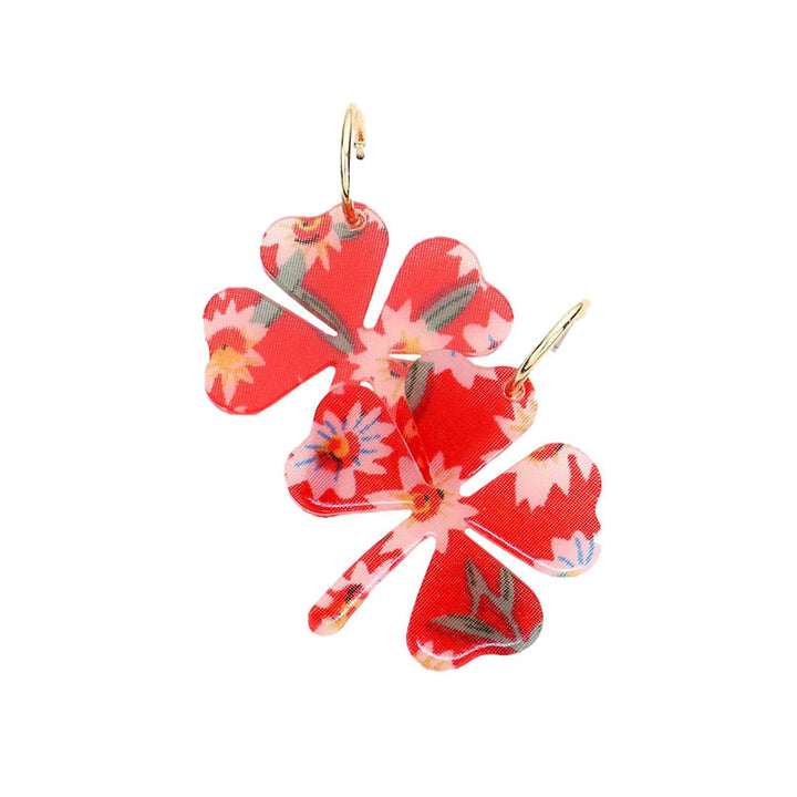 Red Flower Patterned Resin Clover Dangle Earrings.  Look like the ultimate fashionista with these Earrings! Add something special to your outfit! It will be your new favorite accessory. Perfect Birthday Gift, Mother's Day Gift, Anniversary Gift, Graduation Gift, Prom Jewelry, Just Because Gift, Thank you Gift.