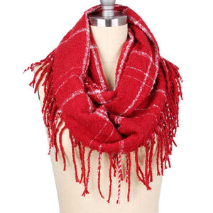 Red 2-Tone Plaid Infinity W/Fringe, on trend & fabulous, a luxe addition to any cold-weather ensemble. Great for daily wear in the cold winter to protect you against chill, classic infinity-style scarf & amps up the glamour with plush material that feels amazing snuggled up against your cheeks.