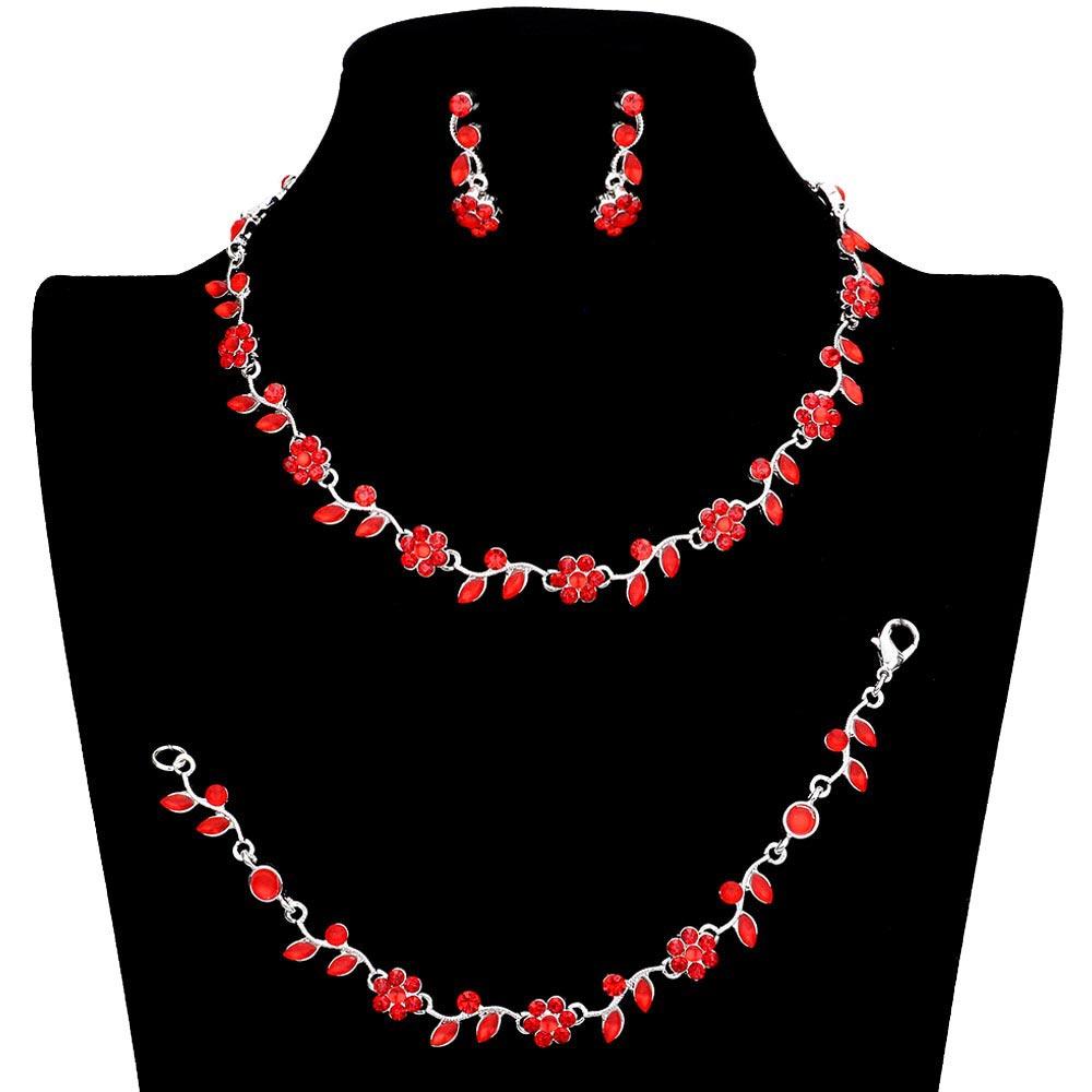 Red 3PCS Flower Leaf Cluster Rhinestone Necklace Jewelry Set, These gorgeous Rhinestone pieces will show your class on any special occasion. The elegance of these rhinestones goes unmatched. Get ready with these bright stunning fashion Jewelry sets, and put on a pop of shine to complete your ensemble. Simple sophistication gives a lovely fashionable glow to any outfit style. Simple sophistication, dazzling polished, is a timeless beauty that makes a notable addition to your collection.