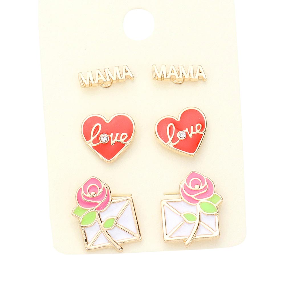 Pink 3Pairs Metal Mama Enamel love Heart Flower Stud Earrings, enhance your attire with these beautiful love heart flower stud earrings to show off your fun trendsetting style. It can be worn with any daily wear such as shirts, dresses, T-shirts, etc. These mama enamel love heart earrings will garner compliments all day long. Whether day or night, on vacation, or on a date, whether you're wearing a dress or a coat, these earrings will make you look more glamorous and beautiful.