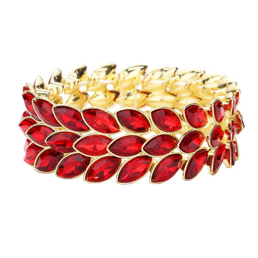 Red 3Rows Marquise Stone Cluster Stretch Evening Bracelet, This Marquise Stretch Bracelet sparkles all around with it's surrounding round stones, stylish stretch bracelet that is easy to put on, take off and comfortable to wear. It looks modern and is just the right touch to set off LBD. Perfect jewelry to enhance your look. Awesome gift for birthday, Anniversary, Valentine’s Day or any special occasion.