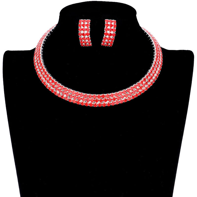 Red 3Rows Rhinestone Open Choker Necklace. The elegance of these necklace goes unmatched, great for wearing at a party! Designed to accent the neckline, a fashion faithful, adds a gorgeous stylish glow to any outfit style, jewelry that fits your lifestyle! Fabulous gift, ideal for your loved one or yourself.