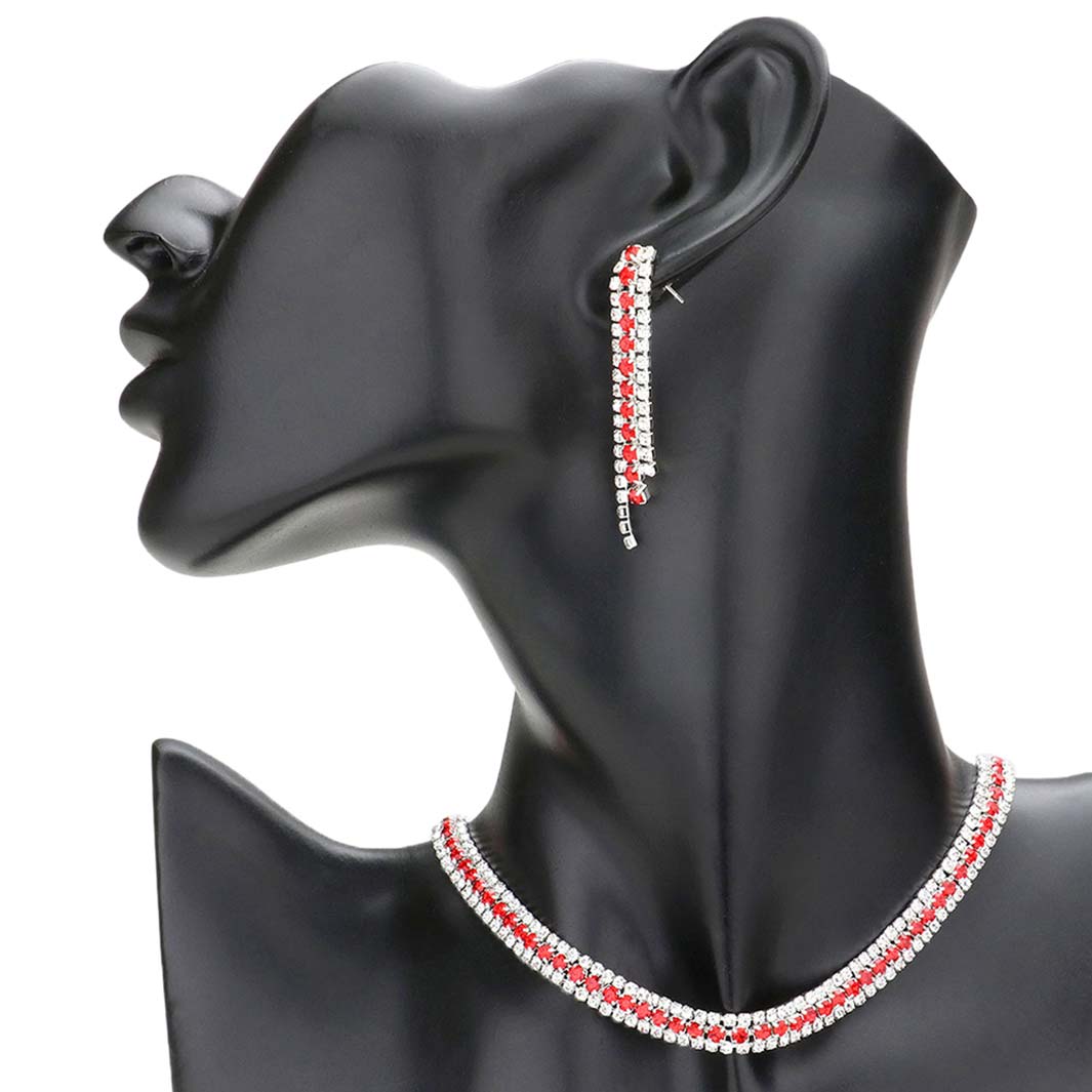 Red 3Rows Rhinestone Pave Choker Necklace, These gorgeous rhinestone jewelry sets will show your class on any special occasion. The elegance of this crystal necklace goes unmatched, great for wearing at a party! Perfect for adding just the right amount of shimmer & shine and a touch of class everywhere. Stunning jewelry set will sparkle all night long making you shine like a diamond.