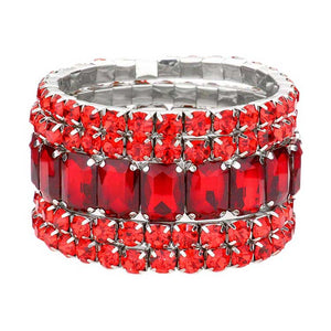 Red 5PCS Rectangle Round Stone Stretch Multi Layered Bracelets, Add this 5 piece multi layered bracelet to light up any outfit, feel absolutely flawless. perfectly lightweight for all-day wear, coordinate with any ensemble from business casual to everyday wear, put on a pop of color to complete your ensemble. Awesome gift idea for birthday, Anniversary, Valentine’s Day or any special occasion.