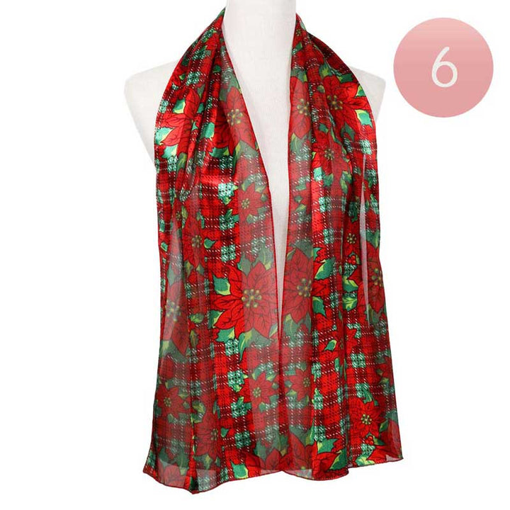 Red 6PCS Satin Striped Christmas Poinsettia Patterned Scarves, Accent your look with this soft, highly versatile scarf. These poinsettia scarves are great for daily wear to protect you against chill & dust. Satin striped style scarf has different color variations to give you the option of choosing your own. It amps up the glamour with a plush material that feels amazing and snuggled up against your cheeks.