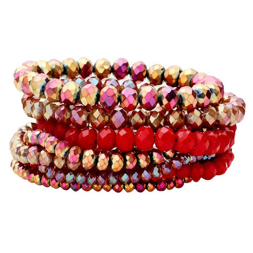 9PCS Faceted Bead Stretch Bracelets - Red