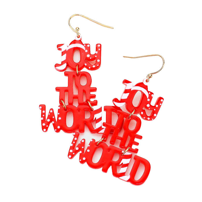 Red Acetate Christmas Theme Joy The World Dangle Earrings. Beautifully crafted design adds a gorgeous glow to any outfit with Christmas, Message theme. Get into the Christmas spirit with our gorgeous handcrafted Christmas dangle earrings, Bright design with Christmas themed colors and pattern will the perfect choice to your Christmas costumes. Ideal gift for you loved ones, girlfriend, wife, daughter, sisters, share with your family on Christmas.