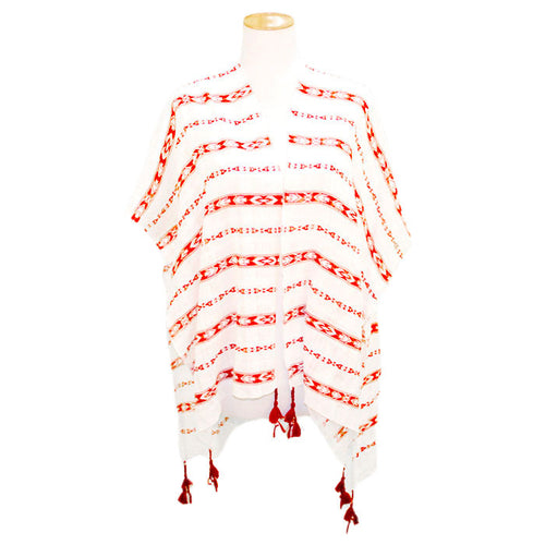 Poncho tipo kimono con borlas y estampado azteca - Rojo