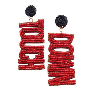 Red Black Felt Back Touch Down Message Beaded Dangle Earrings. Gift someone or yourself these ultra-chic earrings, they will take your look up a notch, these sports themed earrings versatile enough for wearing straight through the week, coordinate with any ensemble from business casual to wear, the perfect addition to every outfit. Perfect jewelry gift to expand a woman's fashion wardrobe with a modern, on trend style.