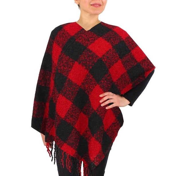 Red Buffalo Check Pattern Plaid Check Print Fringe Poncho Outwear Cover Up, the perfect accessory, luxurious, trendy, super soft chic capelet, keeps you warm & toasty. You can throw it on over so many pieces elevating any casual outfit! Perfect Gift Birthday, Holiday, Christmas, Anniversary, Wife, Mom, Special Occasion