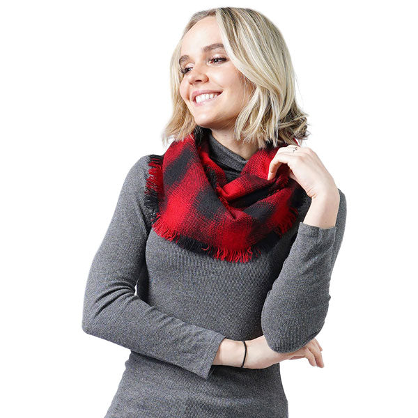 Beige Buffalo Check Infinity With Frayed Edge. This timeless scarf is Soft, Lightweight and Breathable Fabric, Close to Skin, Comfortable to Wear. Keeps you warm and toasty in the cold weather. You can throw it on over so many pieces elevating any casual outfit! A perfect gift for Wife, Mom, Birthday, Holiday, Christmas, Anniversary, Fun Night Out. Great for daily wear in the cold winter to protect you against the chill. Enjoy the winter with enhanced luxe!