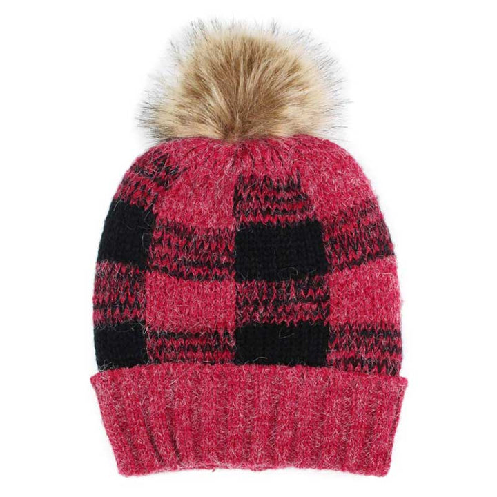 Red Buffalo Check Pattern Faux Pom Pom Knit Beanie Hat, Before running out the door into the cool air, you’ll want to reach for this toasty beanie to keep you incredibly warm. Accessorize the fun way with this faux fur pom pom hat, its the autumn touch you need to finish your outfit in style. Awesome winter gift accessory!